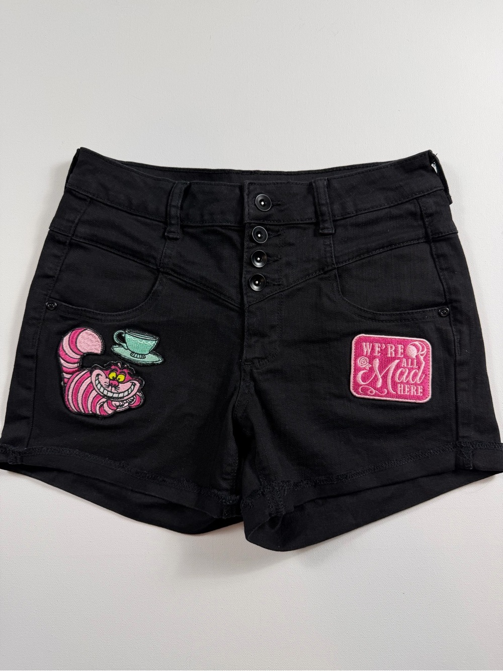Disney Parks Alice in Wonderland Cheshire Cat Black Denim Shorts 5 Whimsigoth